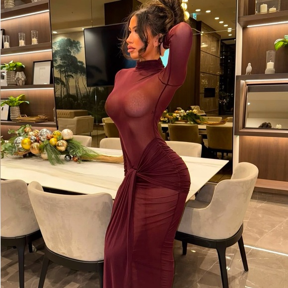 NEW Mock Neck Front Wrap sheer sexy burgundy Detail Maxi Party mesh Dress - Picture 3 of 8